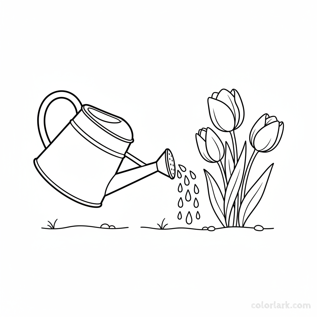 Line art illustration of a watering can showering a cluster of fresh tulips