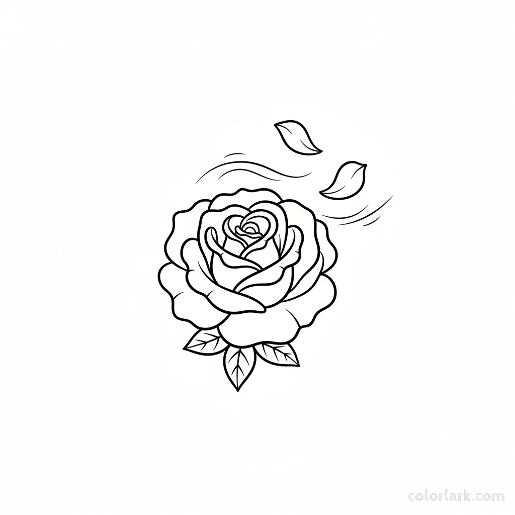 Black and white line art of a blooming rose with petals gently being carried by a soft breeze