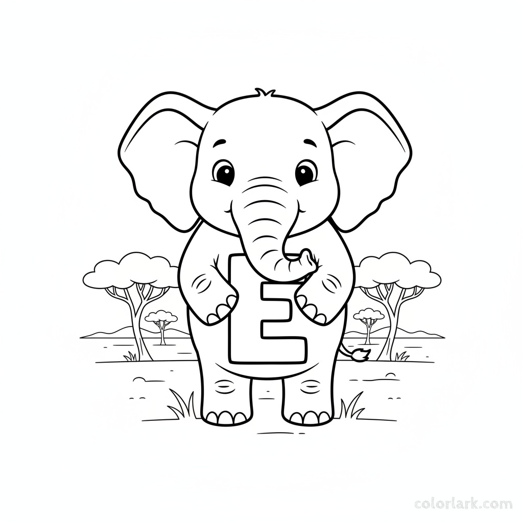 Black and white line art of a gentle elephant holding the letter E with its trunk.