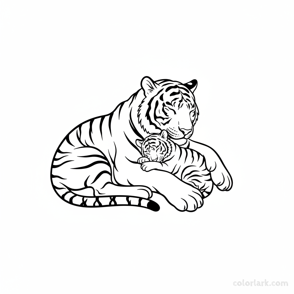 Gentle Indian tiger mother with sleeping cub coloring page