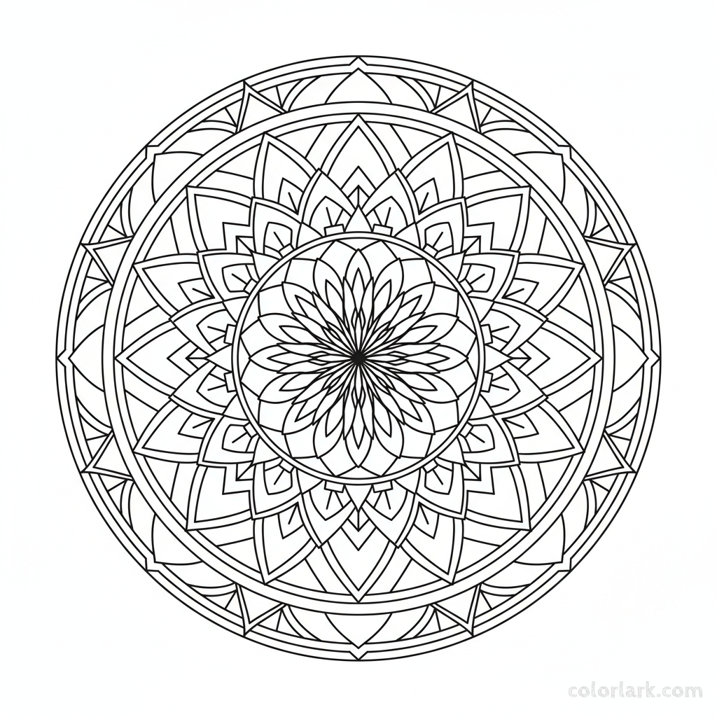 Black and white line art of a geometric lotus petal mandala design.