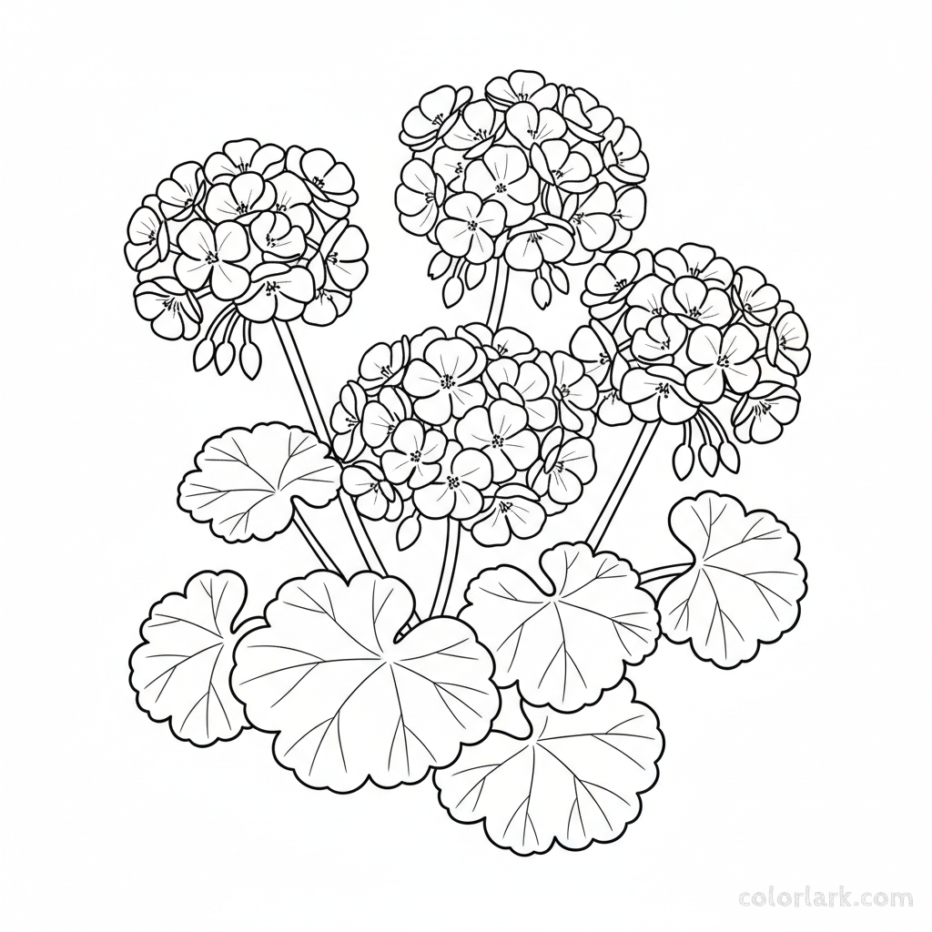 Black and white line art of a cluster of simple geranium (pelargonium) flowers grouped in a rounded head, with characteristic lobed leaves.