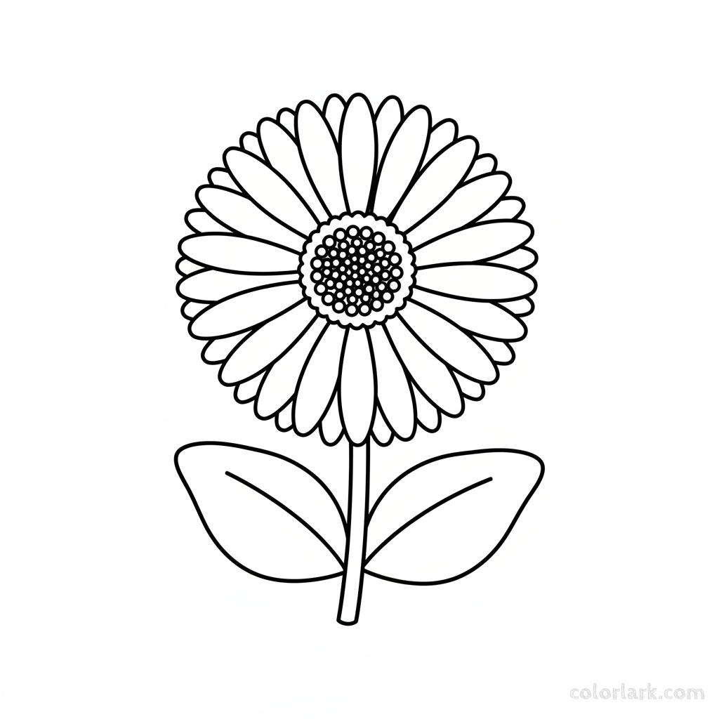 Black and white line art of a cheerful gerbera daisy with prominent, radiating petals and a distinct central disk.