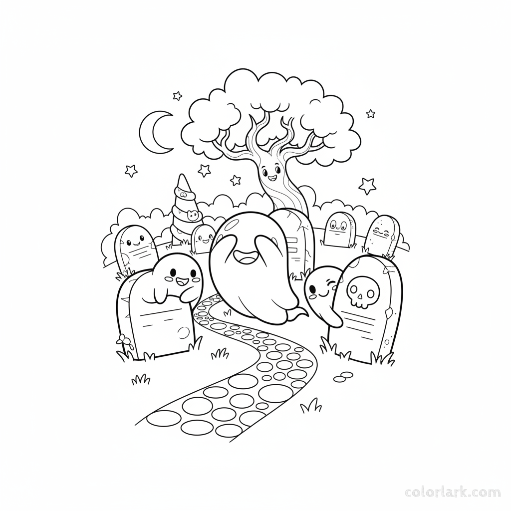Black and white line art of three friendly ghosts playing hide-and-seek among cute tombstones, Halloween coloring page.