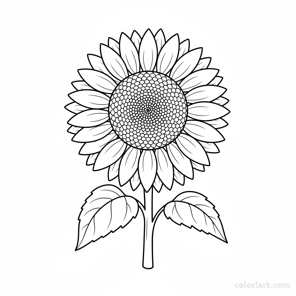 Black and white line art of a single, large, fully bloomed giant sunflower with seeds visible
