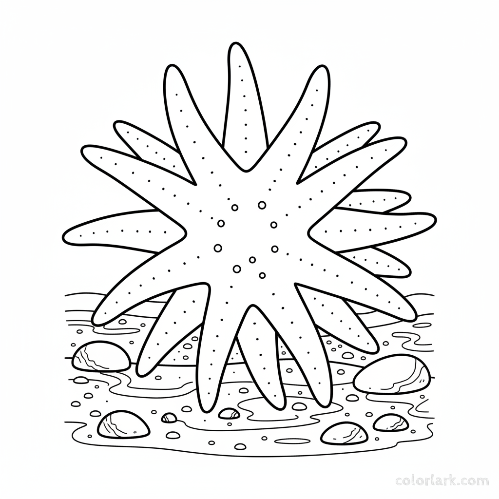 Black and white line art of a highly detailed, multi-armed sunflower starfish resting on a rocky seabed.