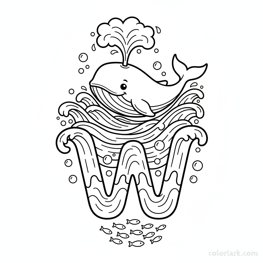 Black and white line art of a giant whale spouting water near the letter W.
