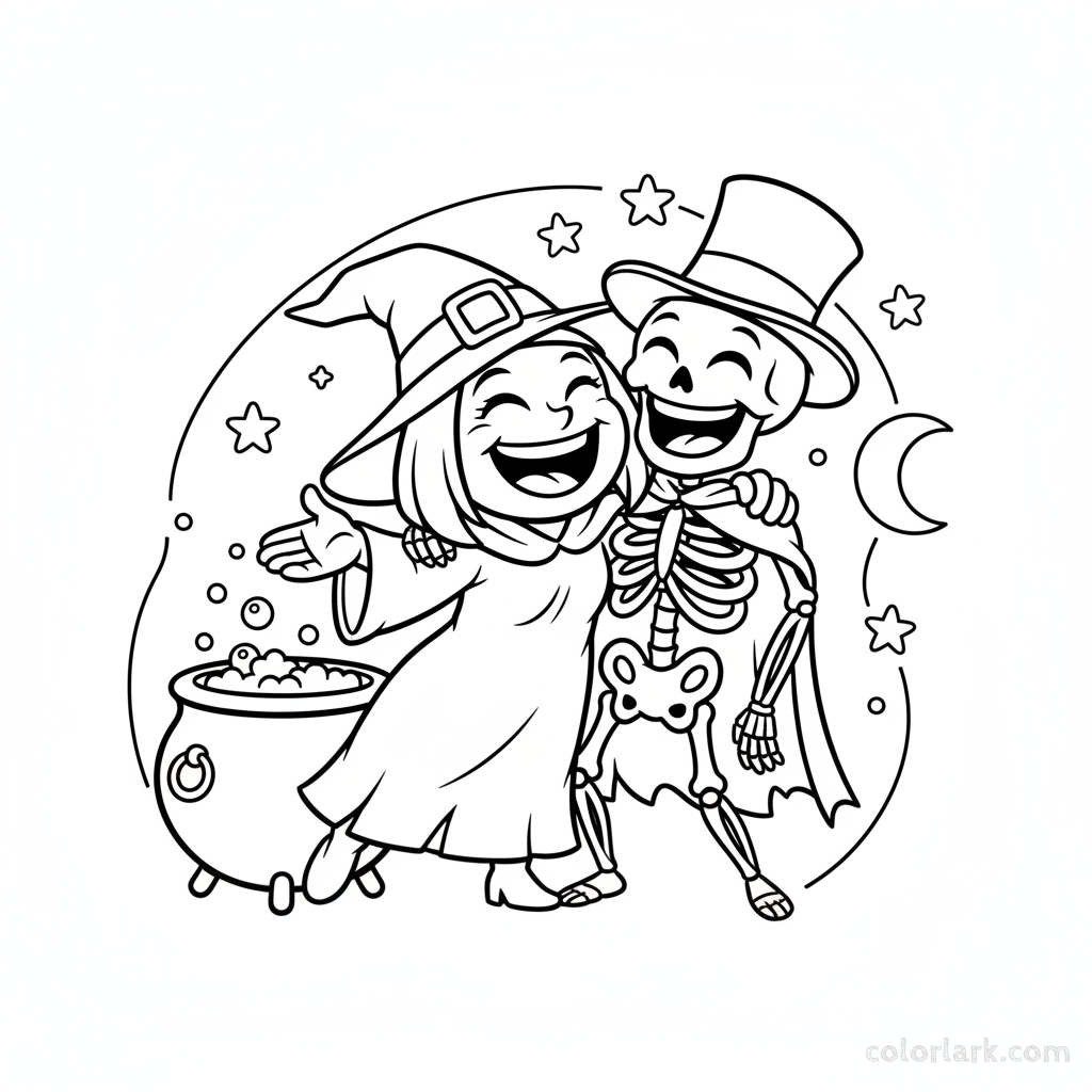 Black and white line art of a cartoon witch and skeleton sharing a laugh, Halloween friends coloring page.