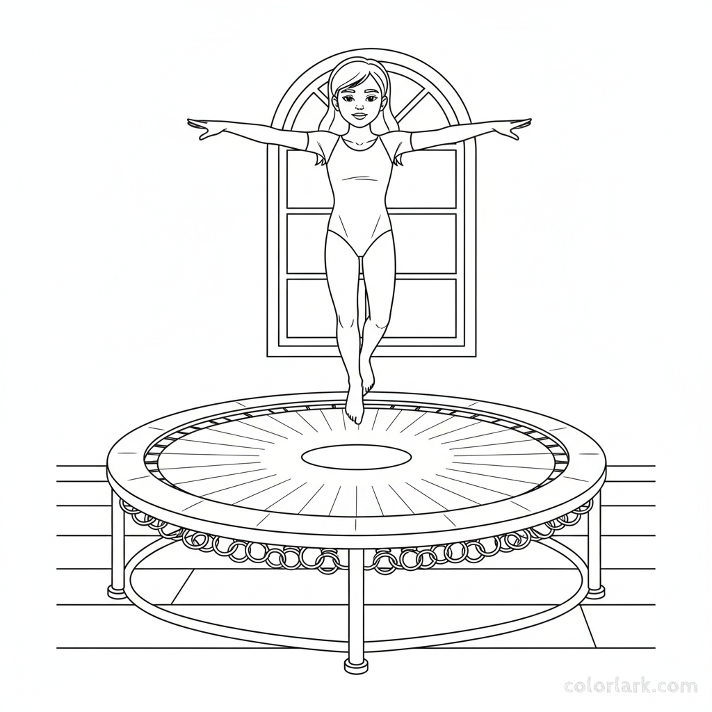 Black and white line art of a girl balancing with arms out on a bouncing trampoline in a kids fitness center.