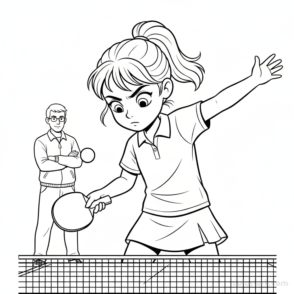 Black and white line art of a girl concentrating on a backspin serve technique with her table tennis coach observing.