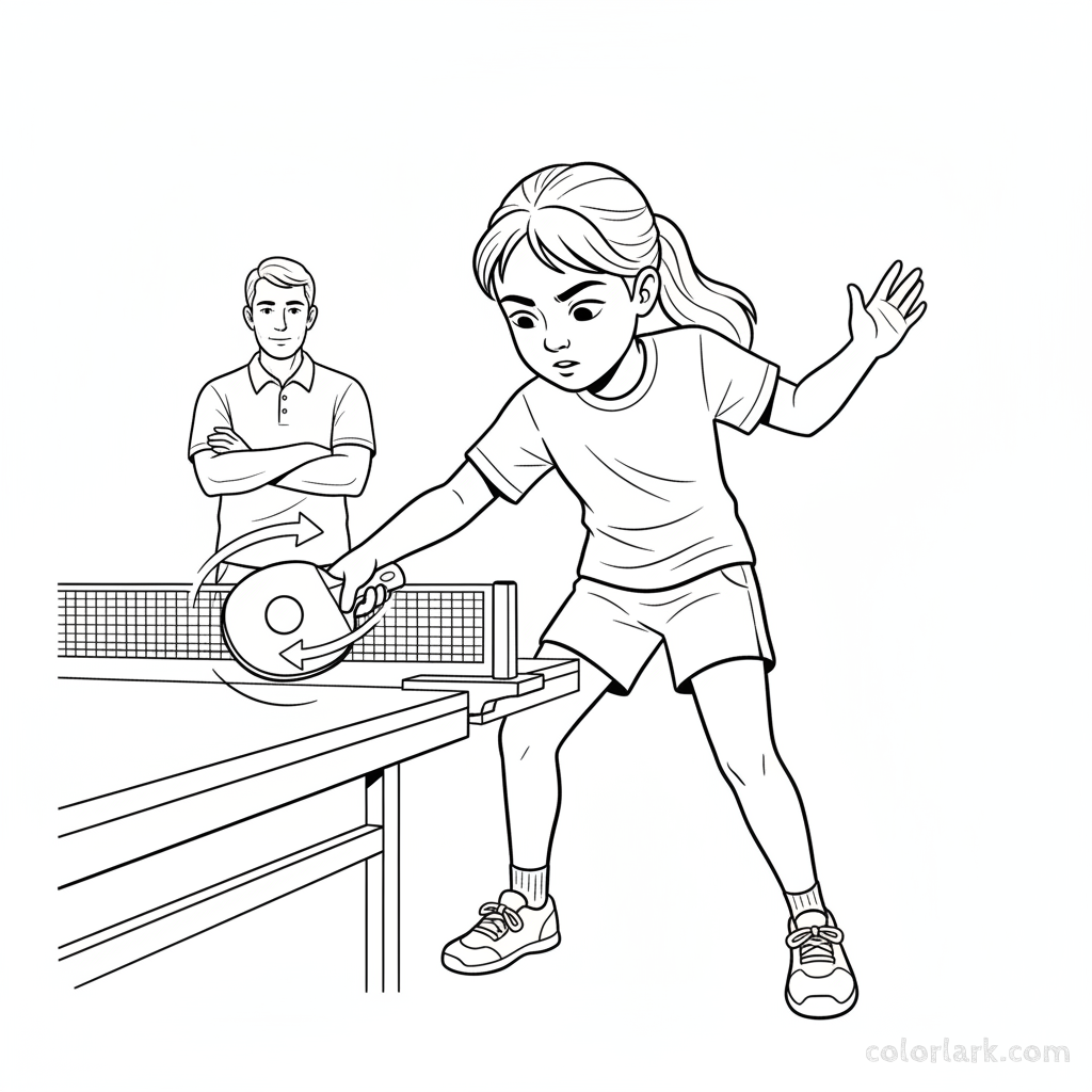 Black and white line art of a girl focusing on brushing the ball sideways for a table tennis sidespin serve.