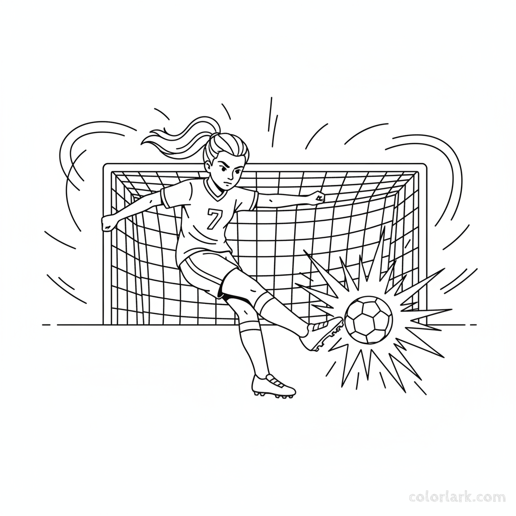 Line art of a girl footballer delivering a mighty goal kick.