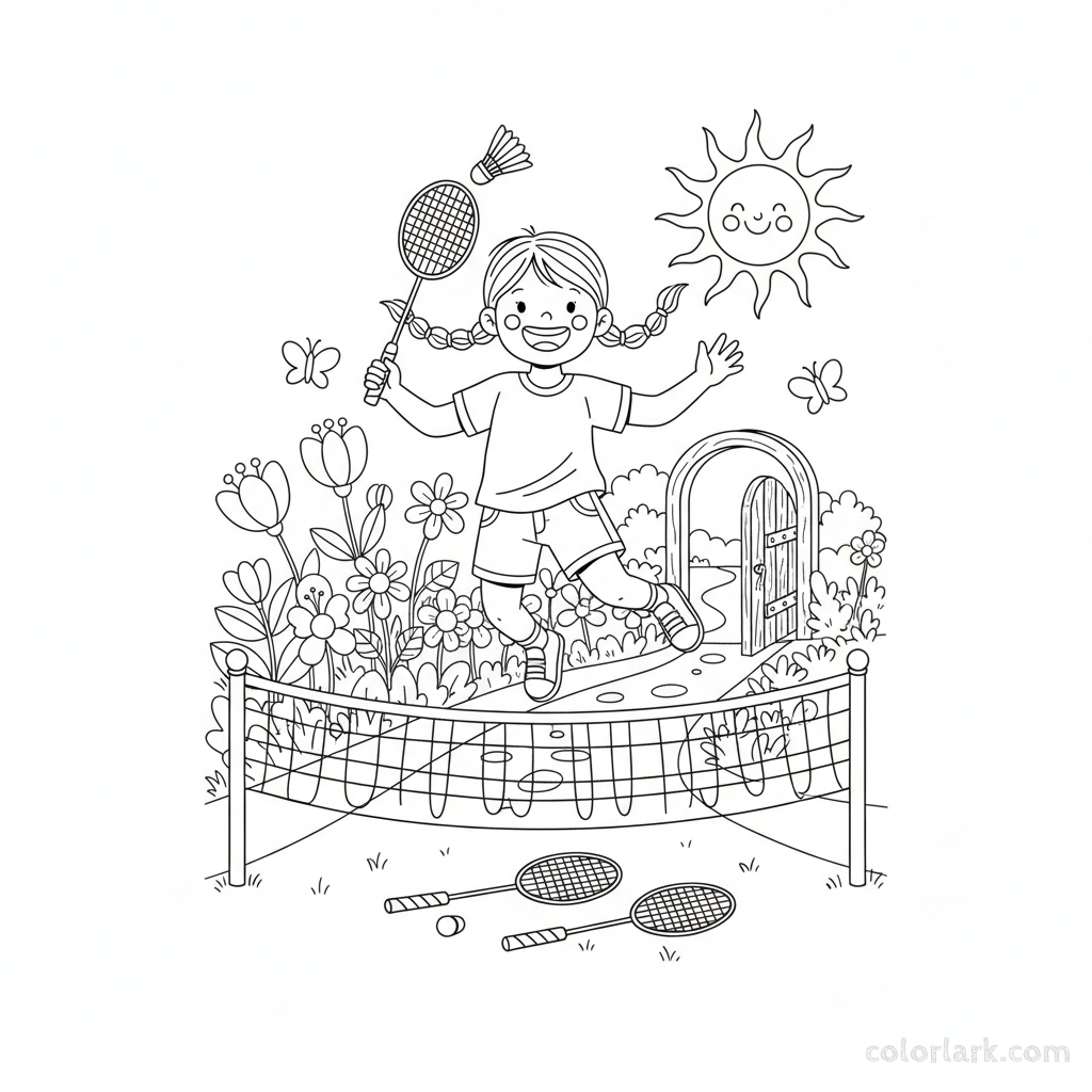Line art of a girl playfully jumping over a badminton net.