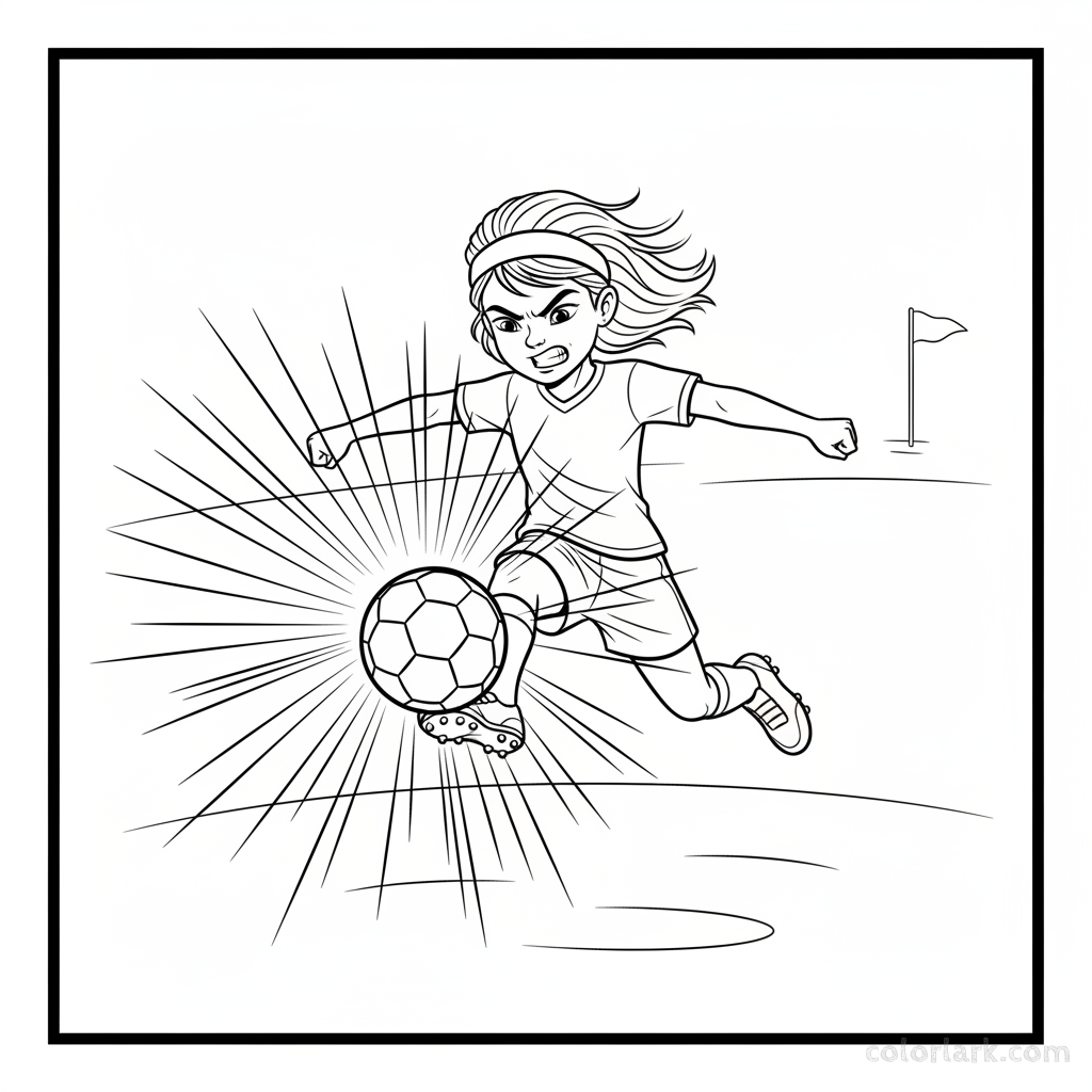 Line art of a girl junior player making a mighty soccer kick.