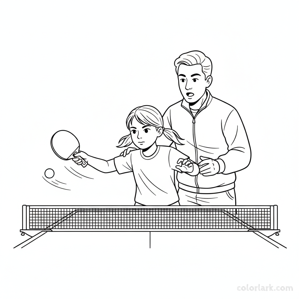 Black and white line art of a girl learning spin serve follow-through with coach feedback at a table tennis table.