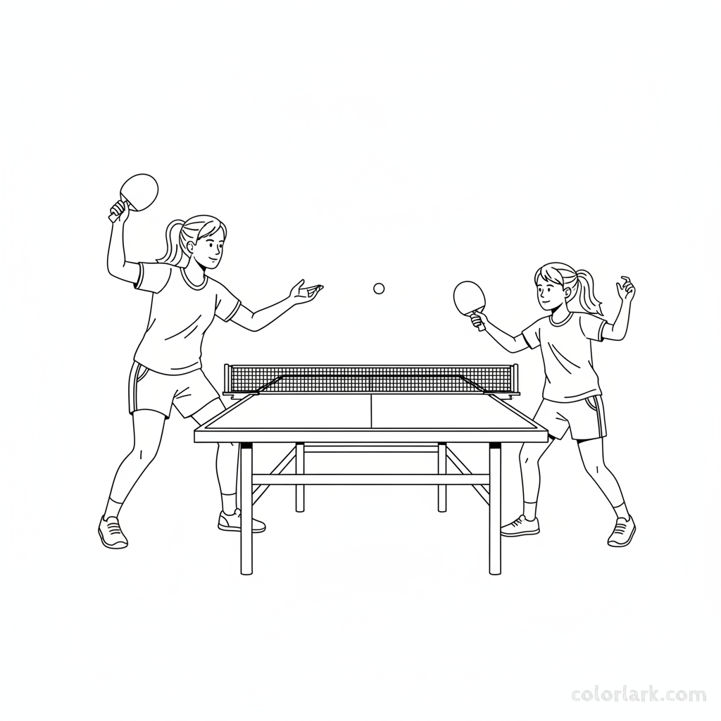Black and white line art of a girl mimicking her coach's service motion for a topspin table tennis serve.