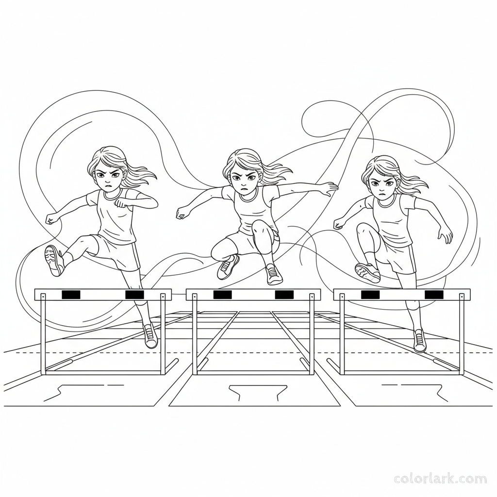 Black and white line art of a young girl perfecting her hurdle rhythm on a dedicated training track.