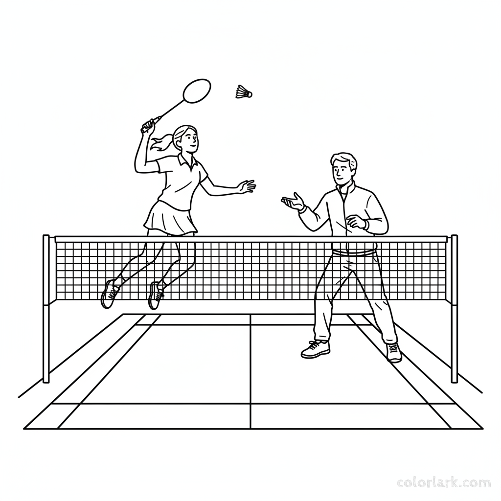 Line art illustration of a girl practicing a badminton drop shot over the net with her coach.