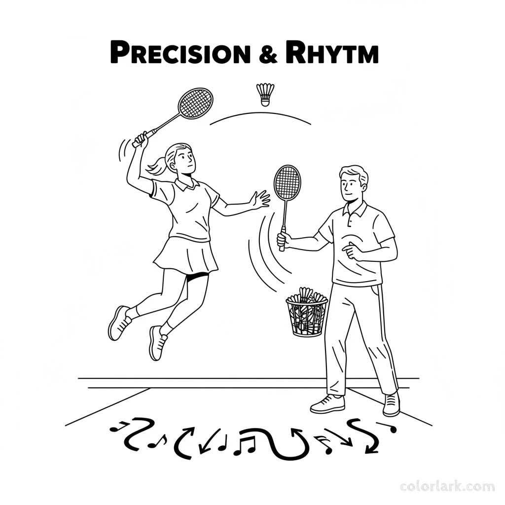 Line art of a girl practicing badminton smash timing with her coach.