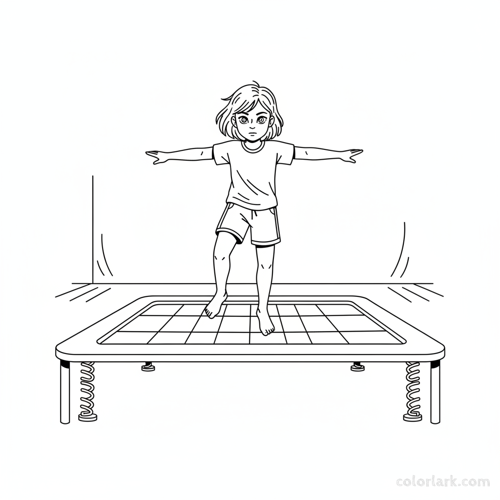 Black and white line art of a girl practicing her balance on a gym trampoline at a kids fitness center.