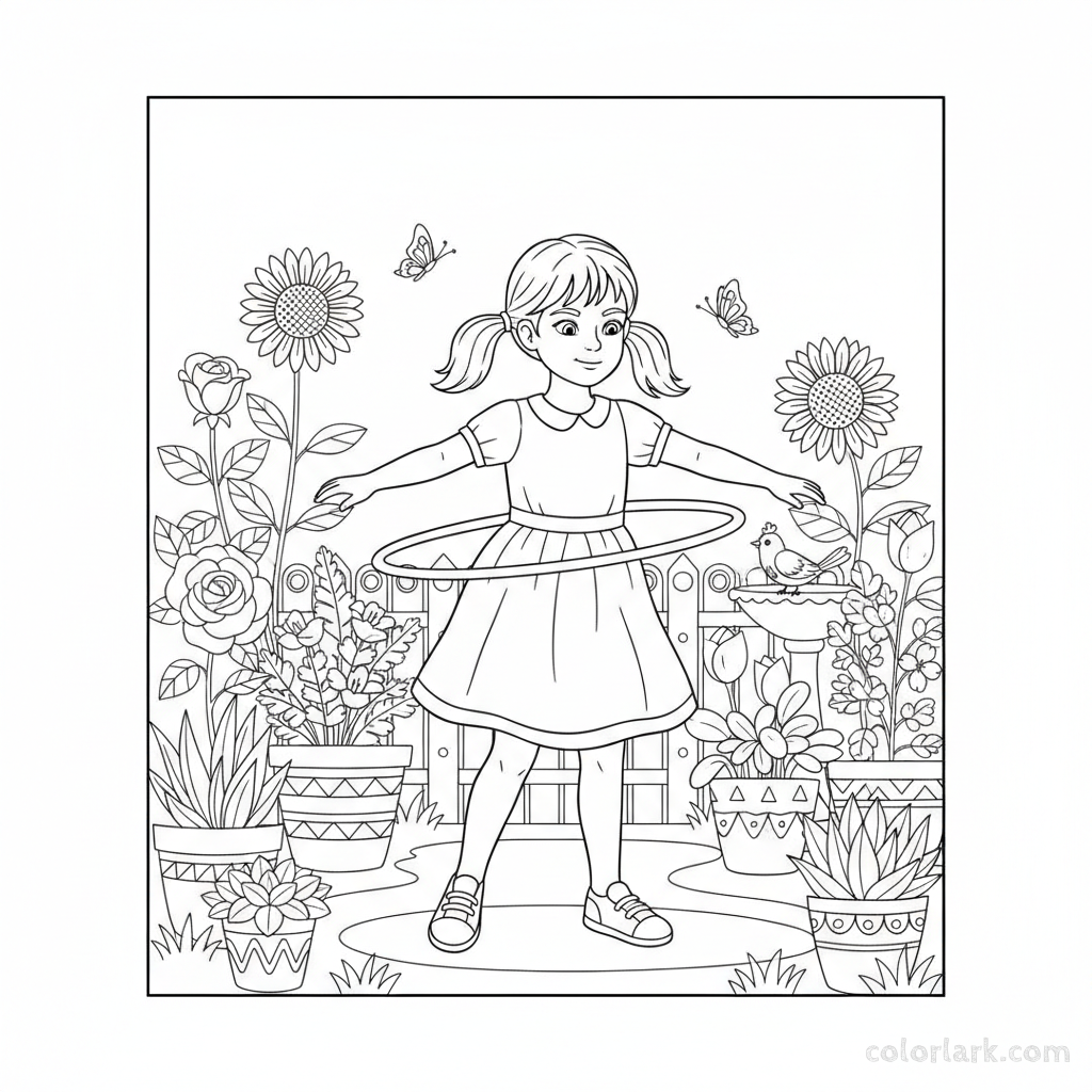 Line art of a girl practicing hula hoop in a home garden