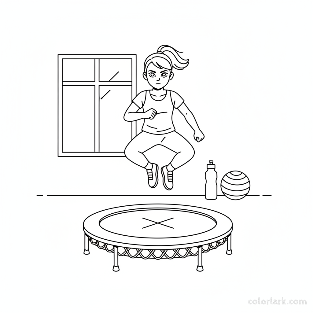 Black and white line art of a girl doing solo exercise jumps on an indoor trampoline at a kids fitness center.