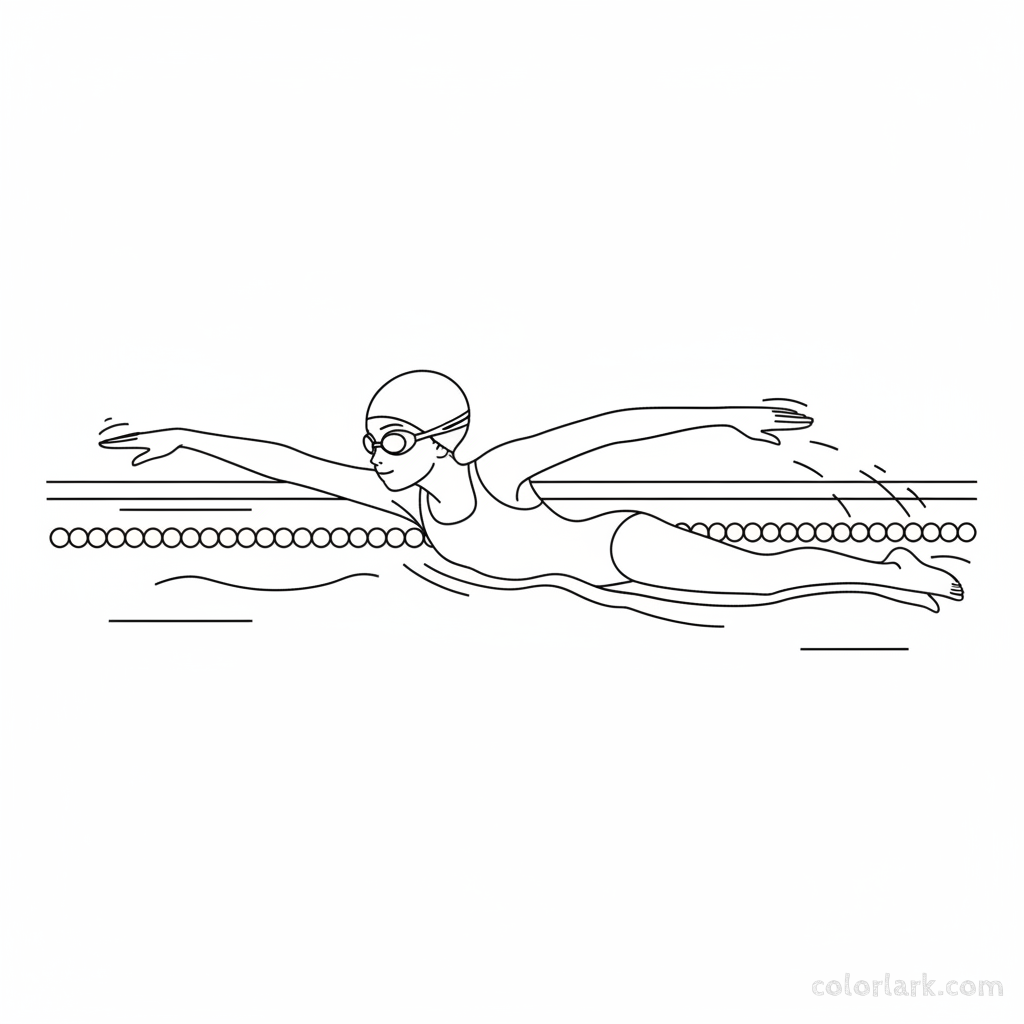 Black and white line art of a girl executing a perfect freestyle stroke in a pool, wearing a swim cap and goggles.