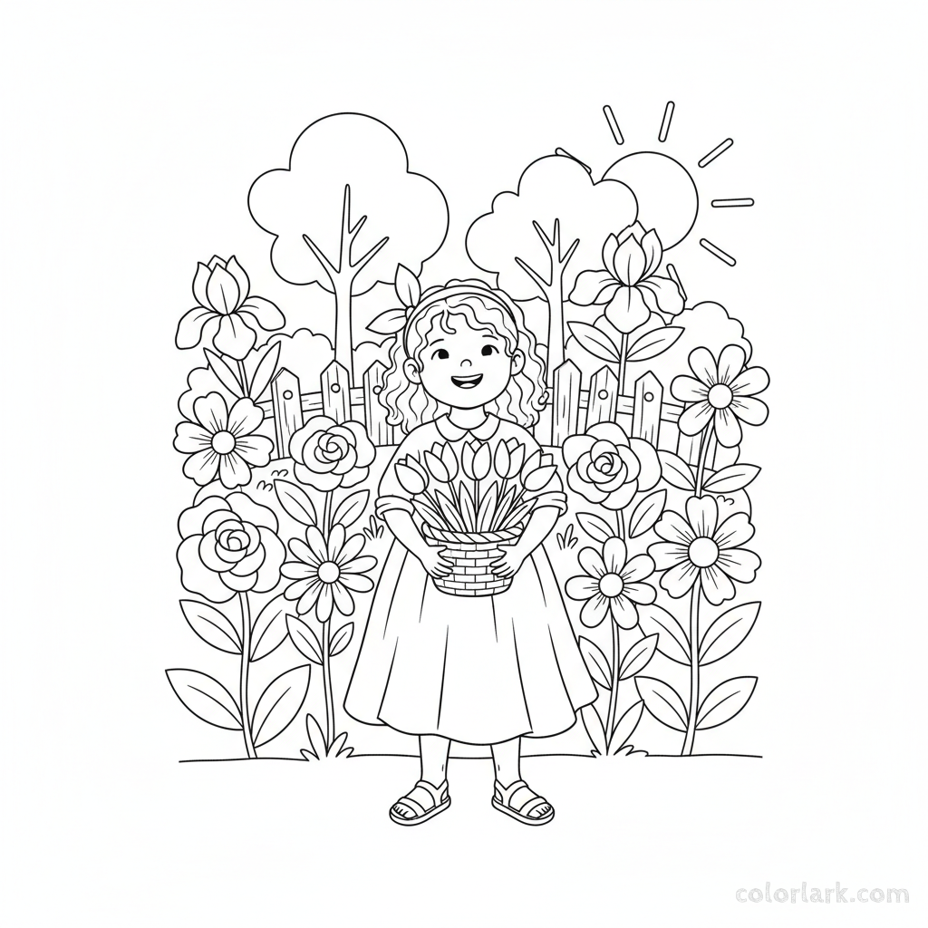 Line art illustration of a girl holding a basket filled with freshly picked tulips