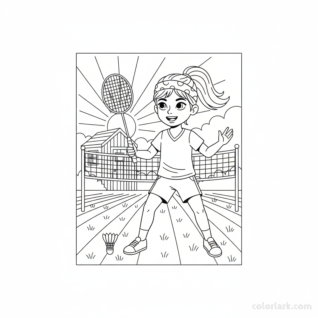 Line art of a girl with a badminton racket and headband, ready to play.