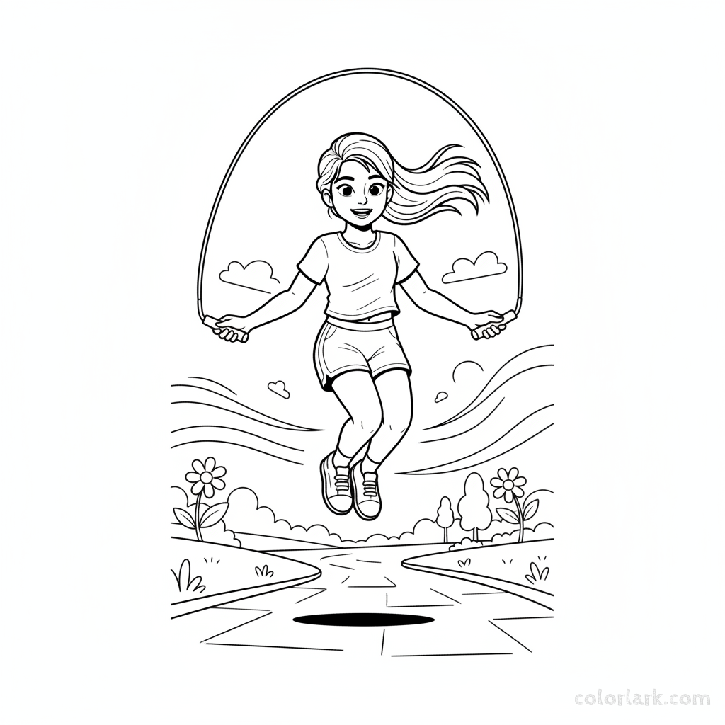 Line art of a girl with a ponytail skipping rope jumps outdoors