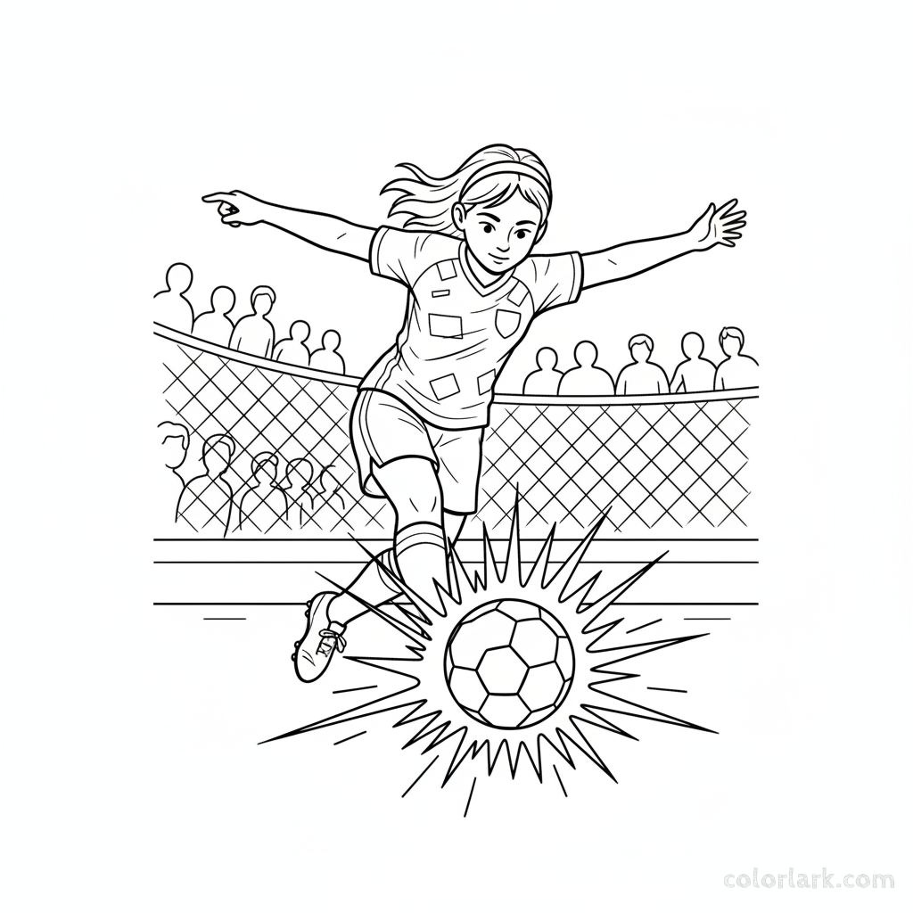 Line art of a girl youth footballer blasting a soccer ball.