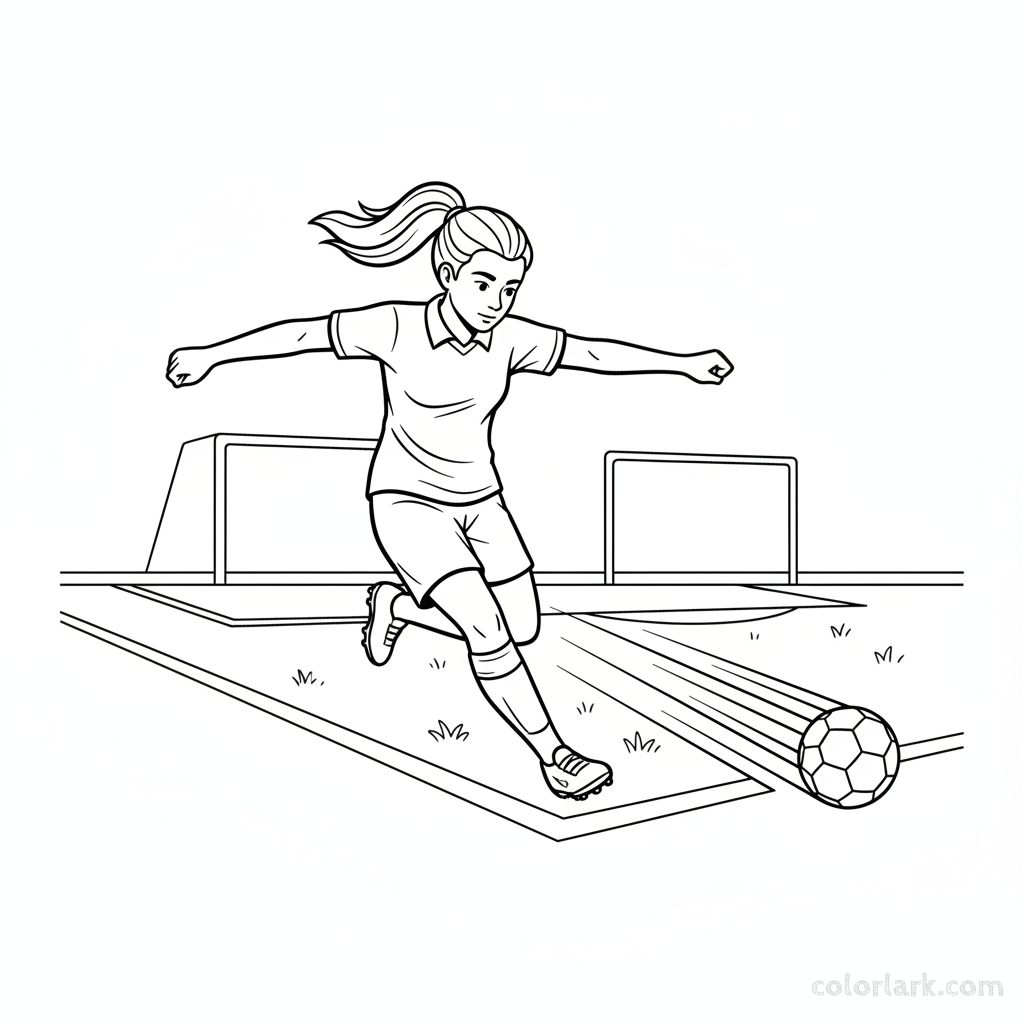 Line art of a girl youth footballer delivering a powerful drive.