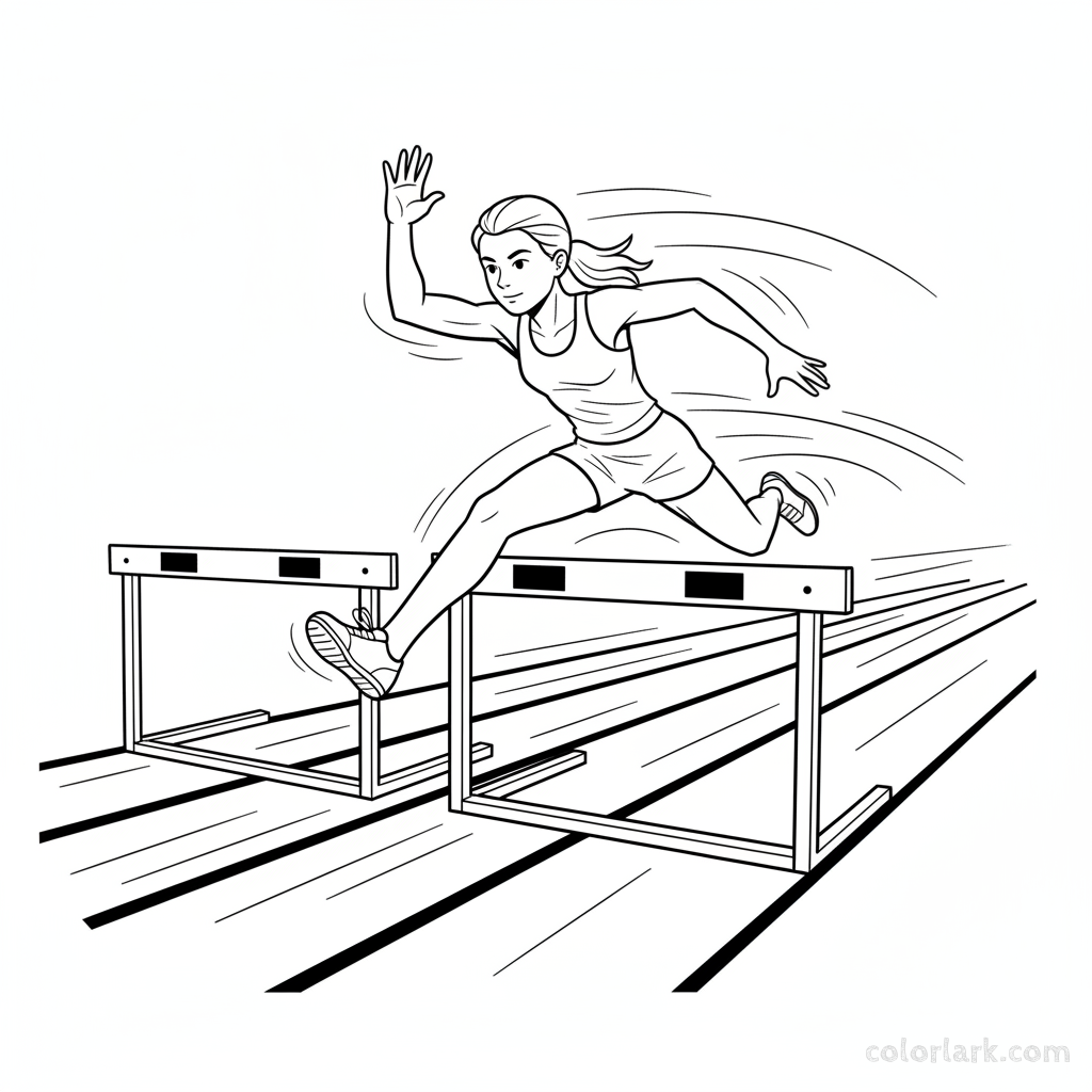 Black and white line art of a young girl showcasing her athletic form during hurdle transition on a speed track.