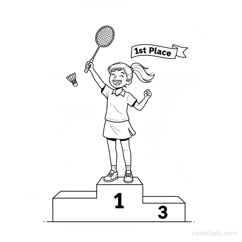 Line art of a girl badminton tournament winner raising her racket on a podium.