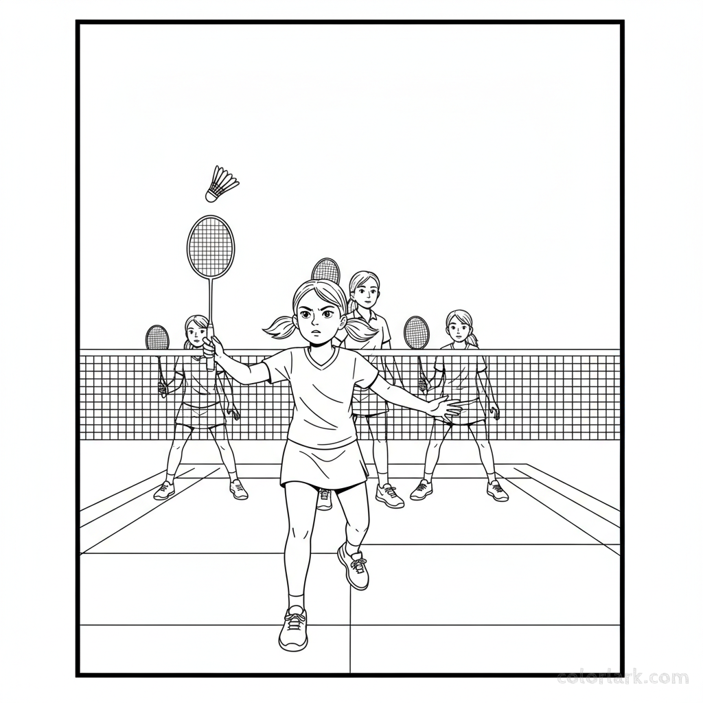 A young girl serving a shuttlecock during a doubles badminton match.