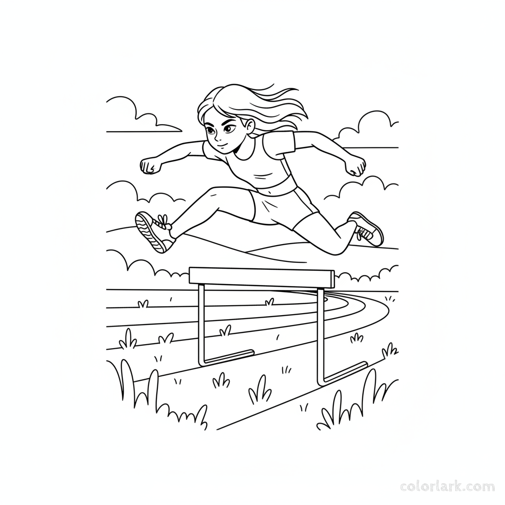 Black and white line art of a young girl's determined sprint and jump over hurdles on a green field with track markings.