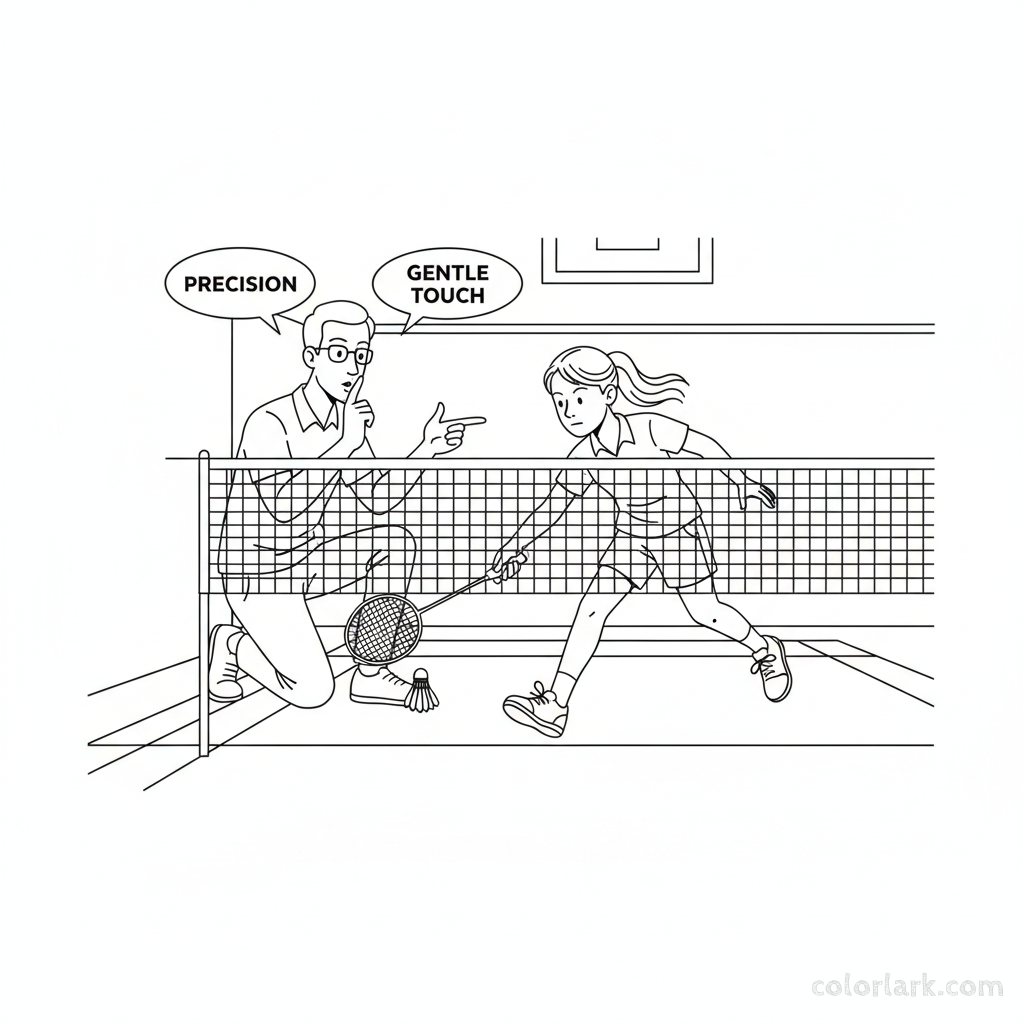 Line art of a girl's focused approach to a badminton forehand drop shot lesson, with her coach.