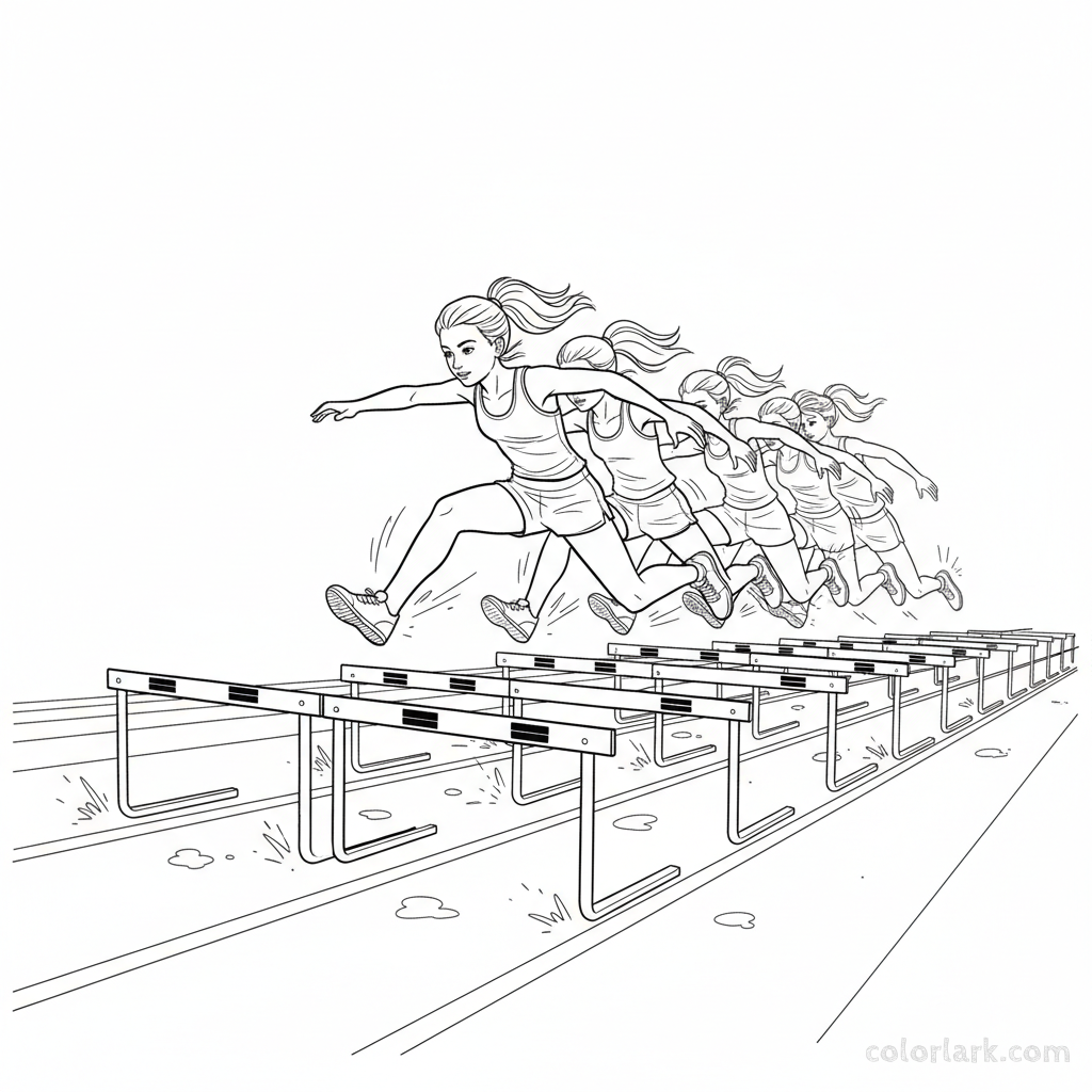 Black and white line art of a young girl demonstrating nimble footwork over hurdles in a track drill.