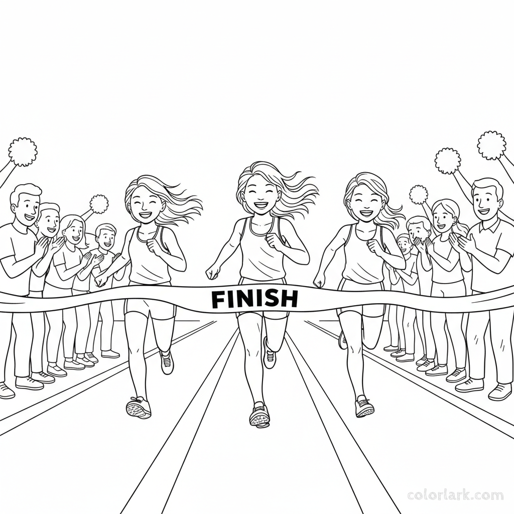 Line art of three girl athletes sprinting to a finish line with cheering fans
