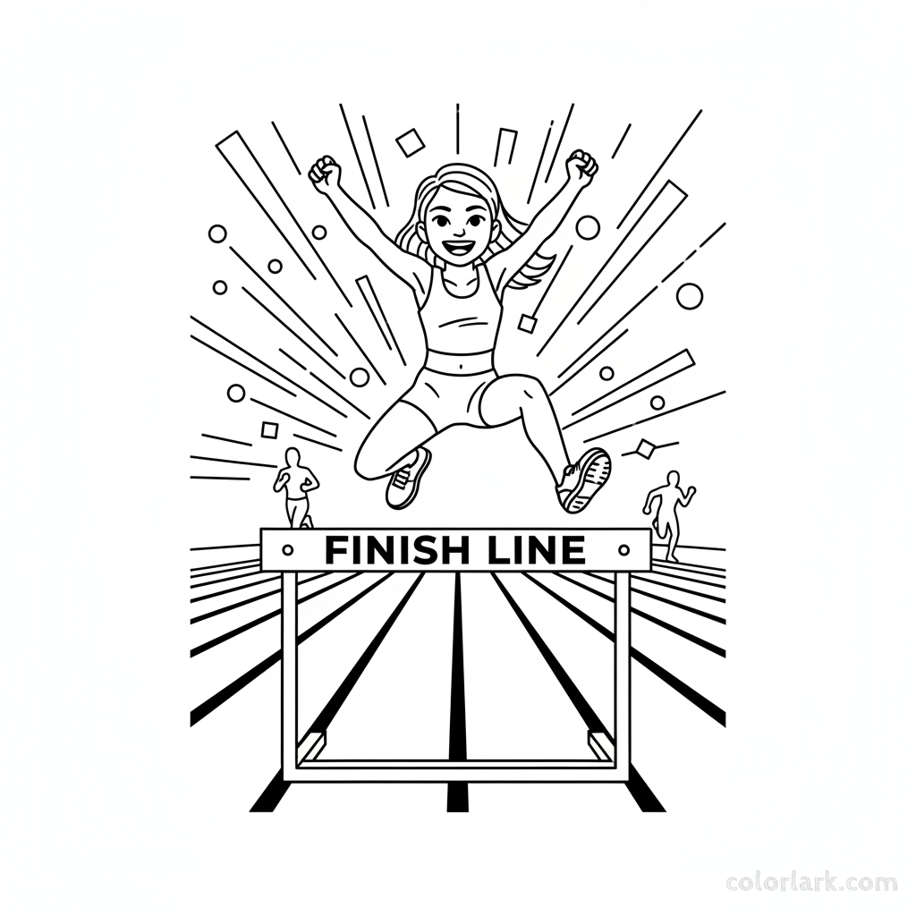 Black and white line art of a young girl's victorious hurdle leap exactly at the finish line of an athletics race.