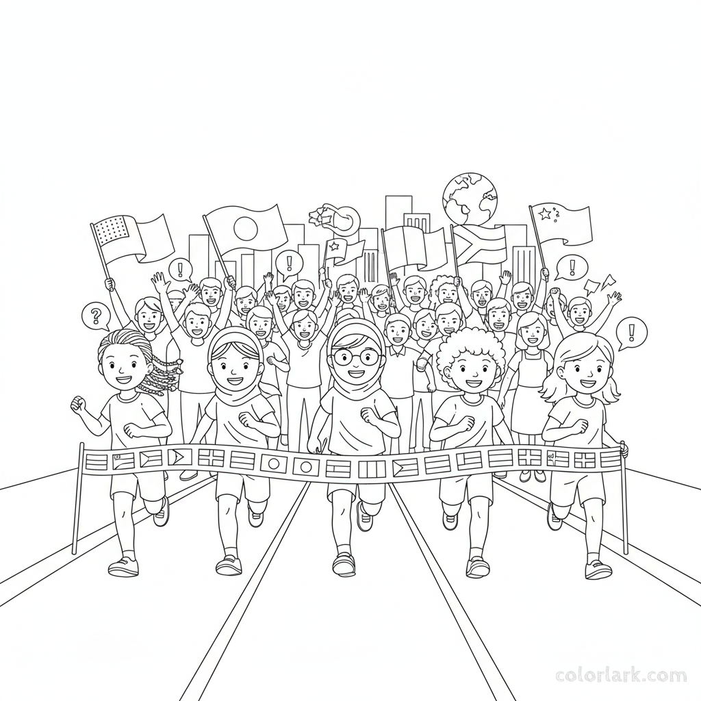 Line art of diverse kids sprinting in a global race to a finish line with flags, cheered by a multi-cultural crowd
