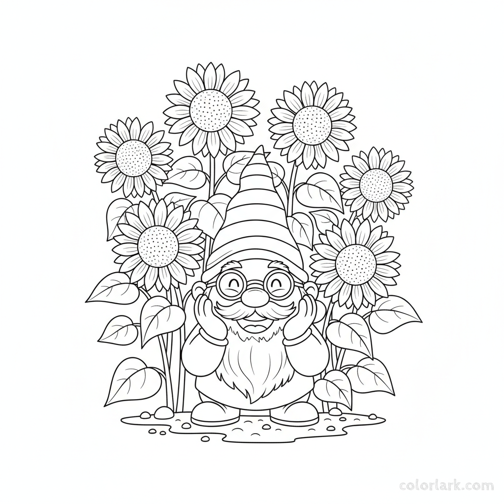 Black and white line art of a garden gnome peeking from a sunflower patch