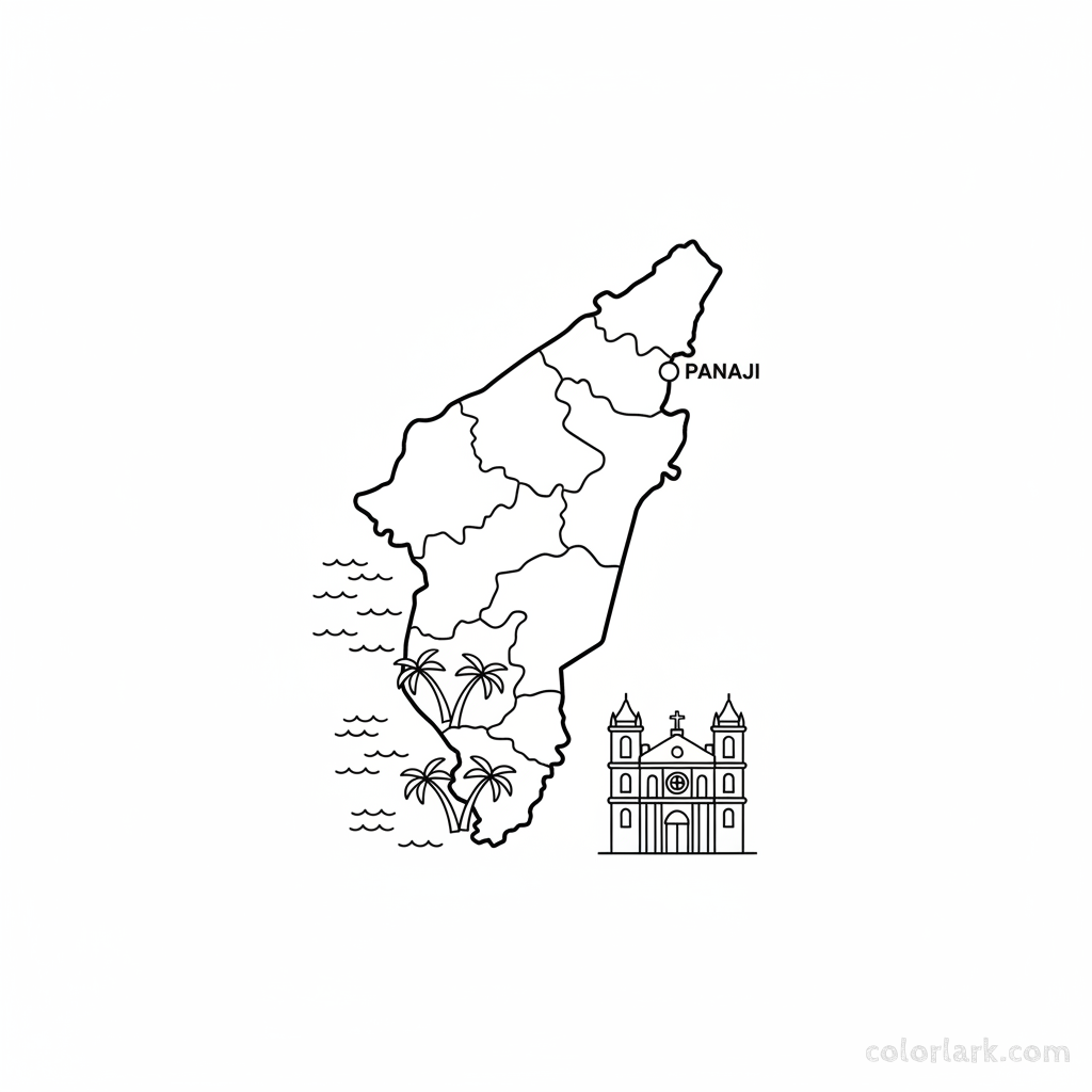 Line art coloring map of Goa state, showing its coastline with beaches, a church, and the capital Panaji.