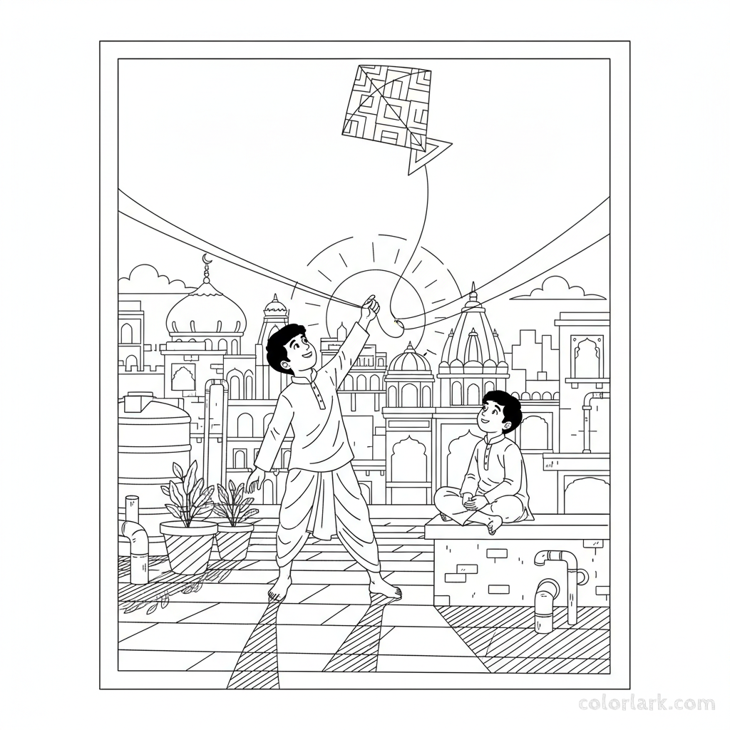 Line art of Indian kids flying kites during golden hour on a scenic Indian city roof, suitable for coloring.