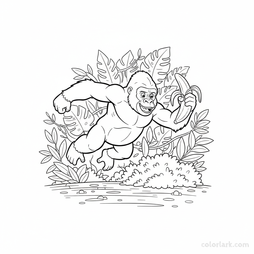 Line art of a young Gorilla monkey taking a strong ground-level leap over a bush, holding a large banana.
