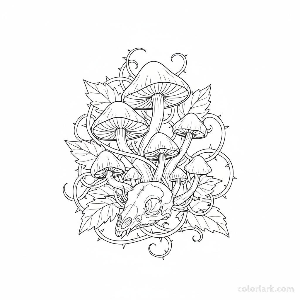 Black and white line art of a gothic still life with sinister mushrooms growing around an ornate animal skull and thorny vines, for coloring.