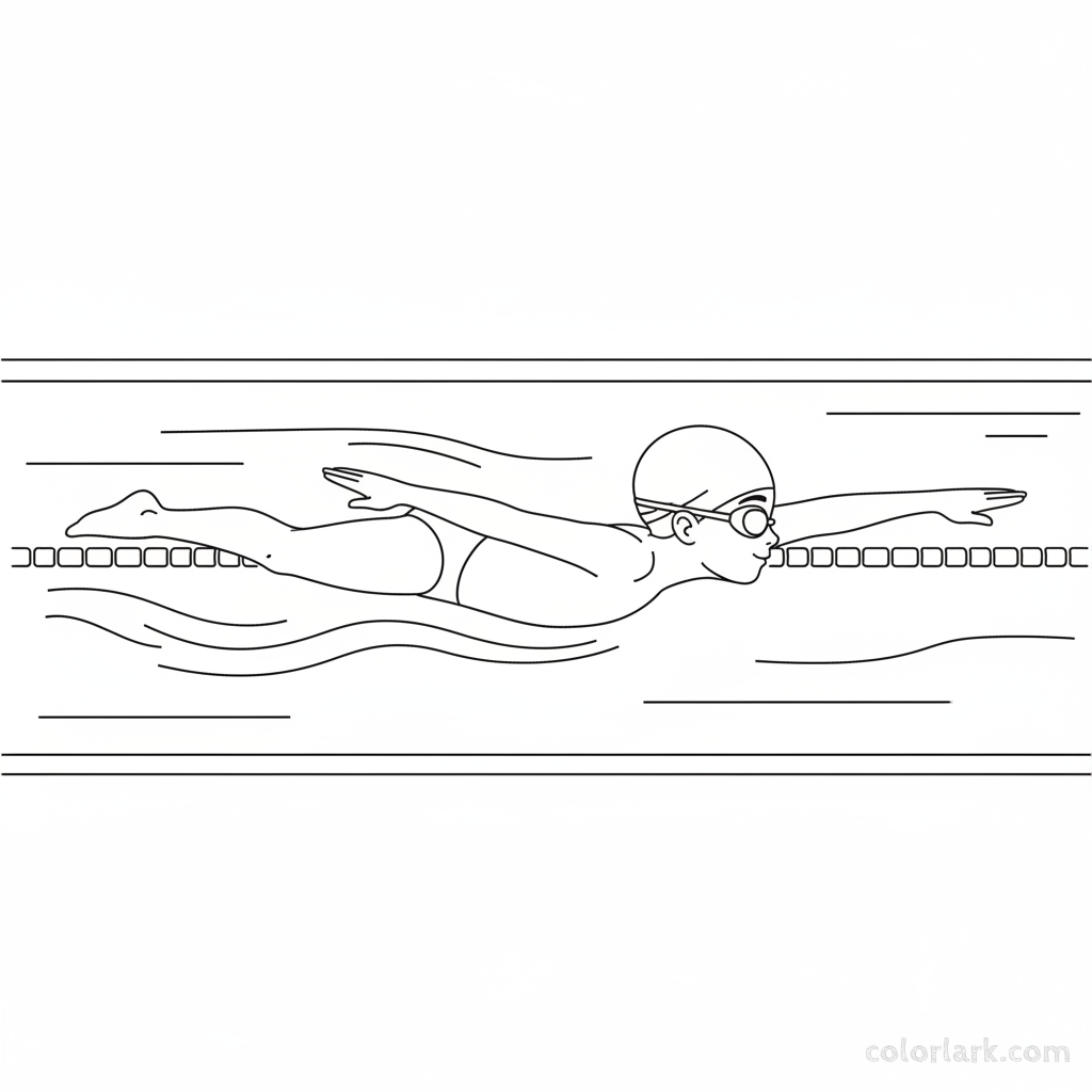 Black and white line art of a graceful child freestyle gliding in a pool, wearing a swim cap and goggles.