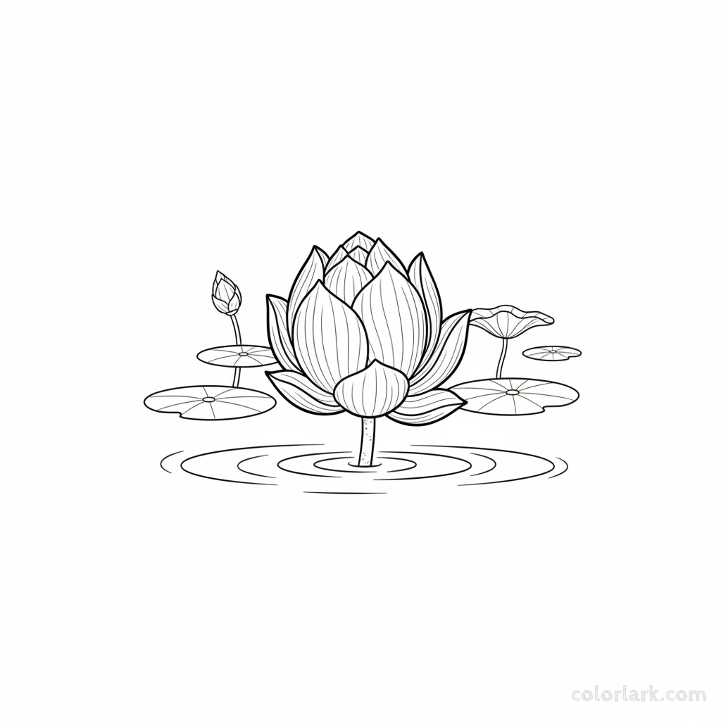 Black and white line art of a graceful lotus bud floating on water, beginning to open.