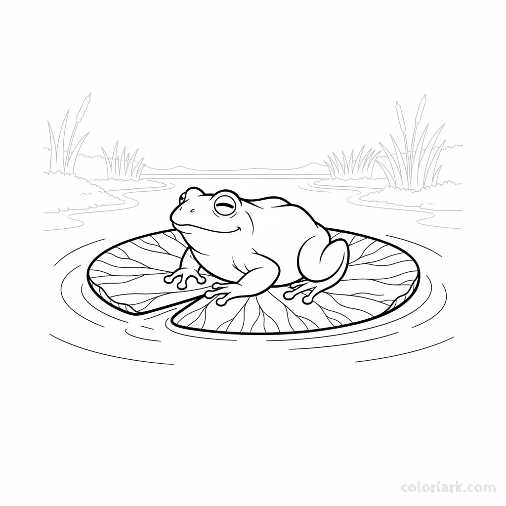Line art of a graceful frog resting on a lily pad in a coastal pond.