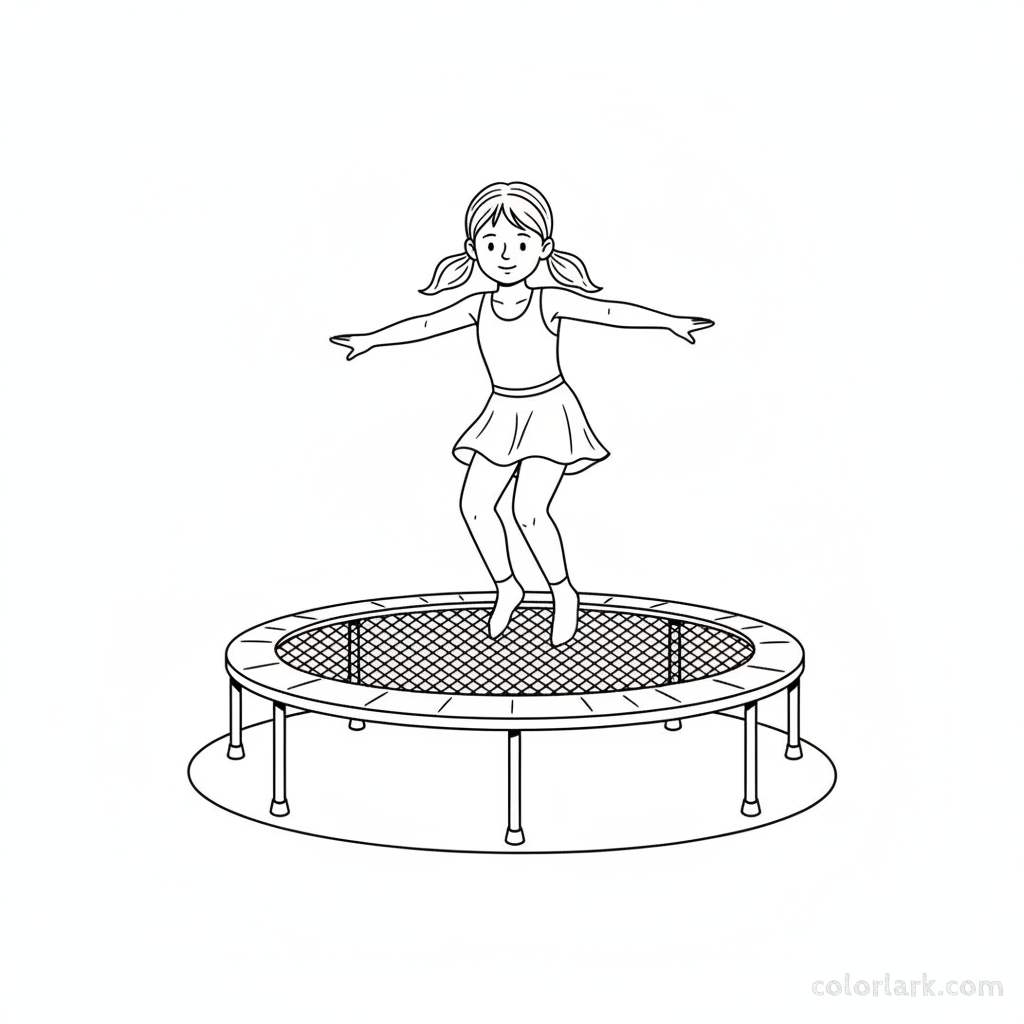Black and white line art of a graceful little girl gently landing on a trampoline at a kids fitness center.